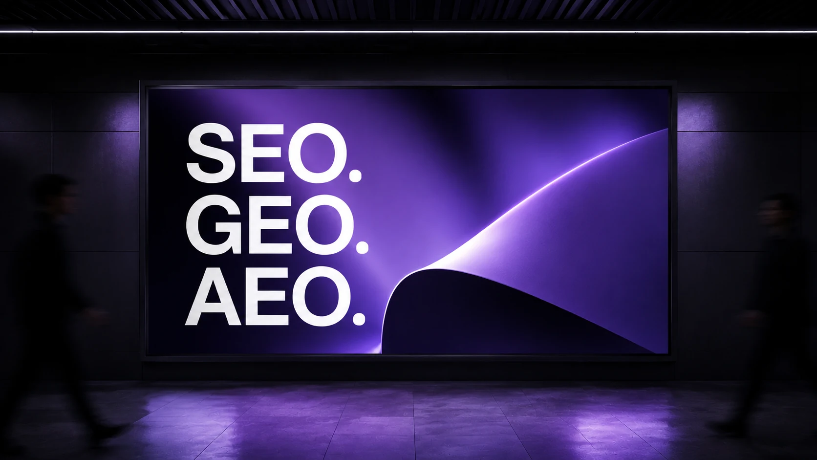 Leuchtfläche mit den Begriffen SEO, GEO und AEO