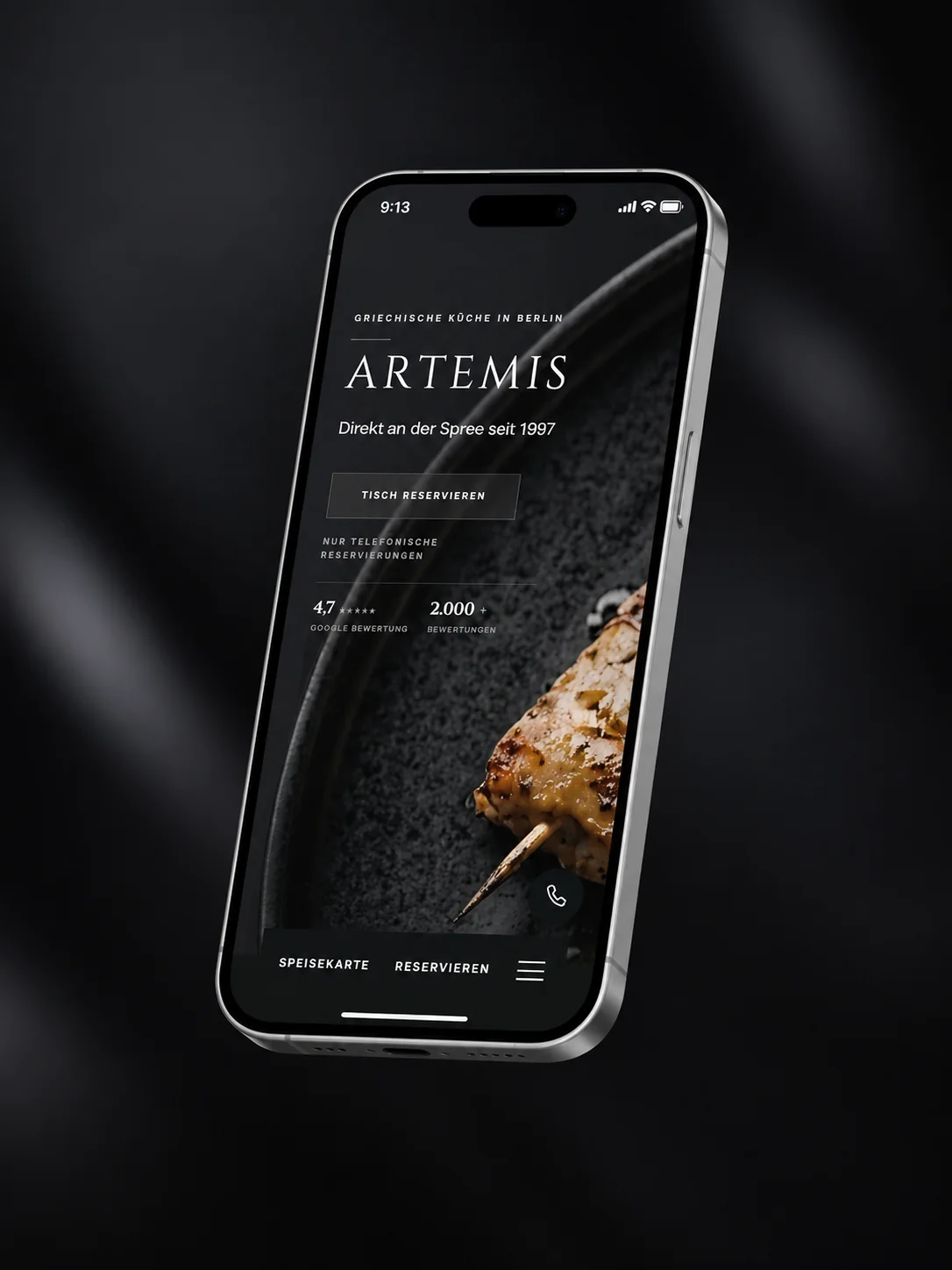 Mobile Artemis Website mit Reservierung und Speisekarte