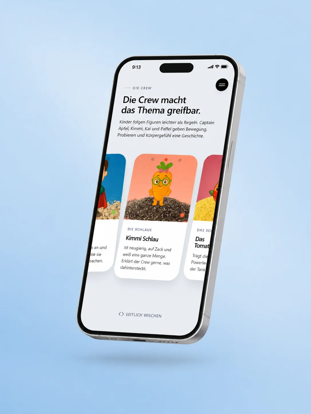 Mobile Captain Apfel Website mit den Figuren der Workshop-Crew