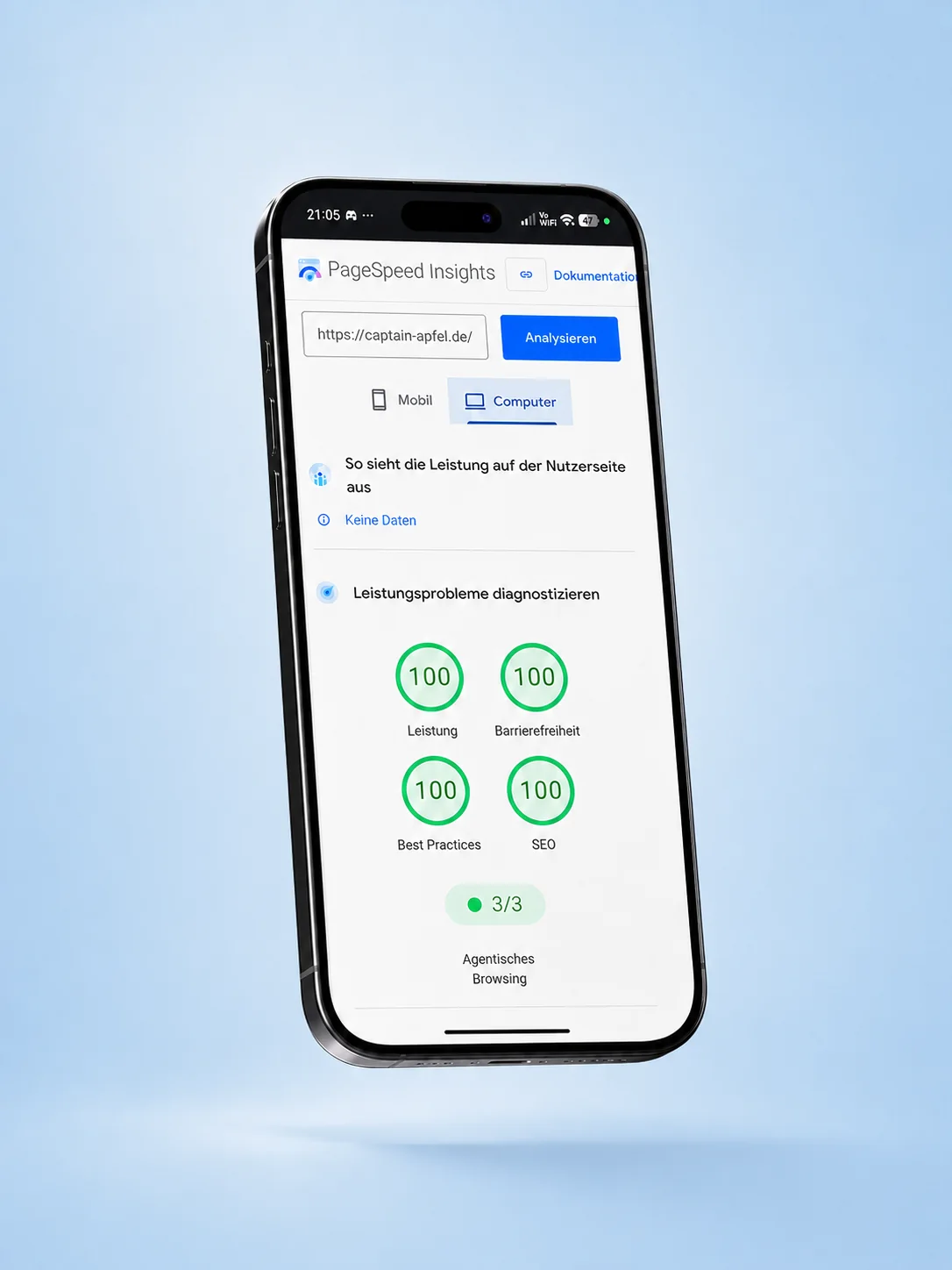 PageSpeed Insights mit viermal 100 Punkten für Captain Apfel