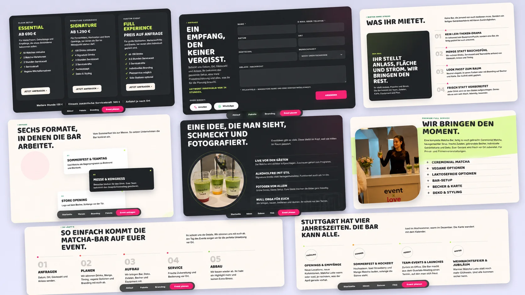 Bereiche der Event X Love Website mit Paketen, Anfrage und Ablauf