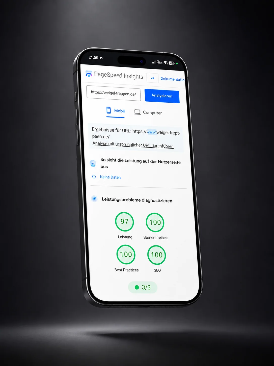PageSpeed Insights mit 97 Punkten Performance für Weigel Treppen
