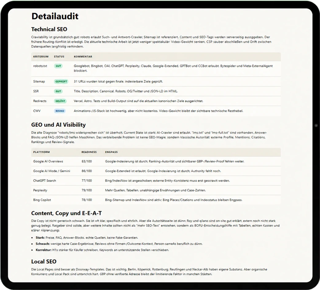 Beispiel eines detaillierten SEO- und KI-Sichtbarkeits-Audits