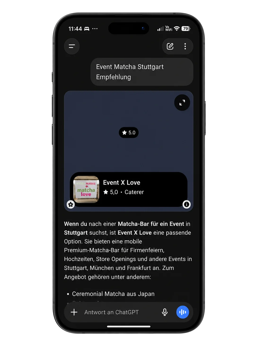ChatGPT empfiehlt Event X Love für eine mobile Matcha-Bar in Stuttgart
