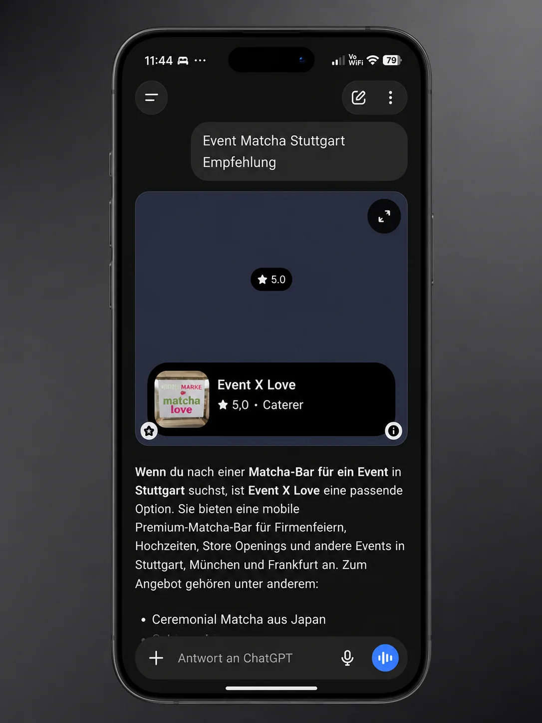 ChatGPT empfiehlt Event X Love für eine mobile Matcha-Bar in Stuttgart