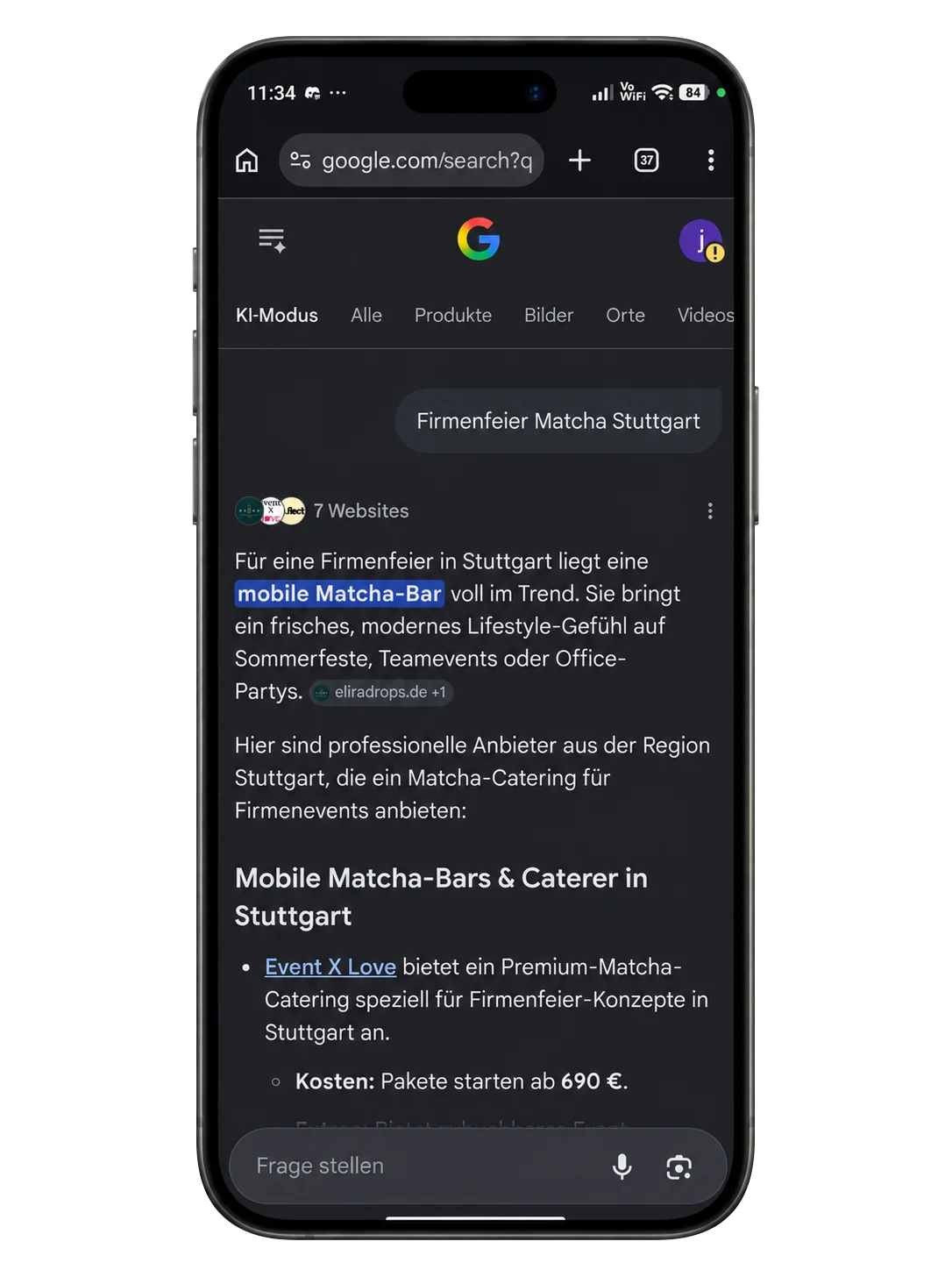 Google KI-Modus nennt Event X Love als Anbieter für eine Firmenfeier mit Matcha-Bar in Stuttgart