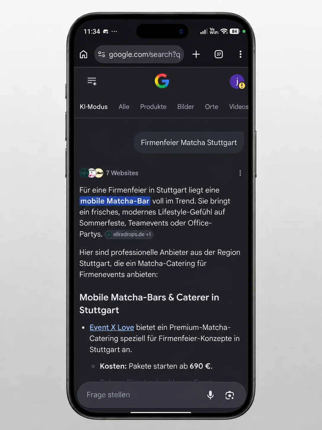 Google KI Modus nennt Event X Love als Anbieter für eine Firmenfeier mit Matcha Bar in Stuttgart
