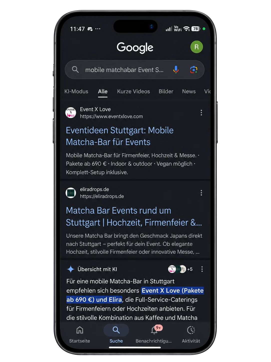 Google Suchergebnis und KI-Übersicht zeigen Event X Love für mobile Matcha-Bars in Stuttgart