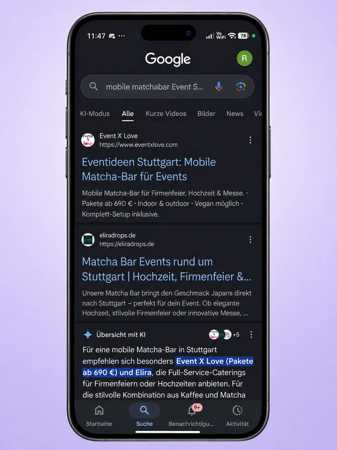 Google Suchergebnis und KI Übersicht zeigen Event X Love für mobile Matcha Bars in Stuttgart