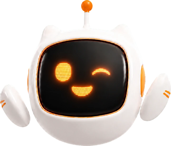 Freigestellter Chatbot mit weißem Gehäuse, schwarzem Display und orangefarbenem Gesicht.