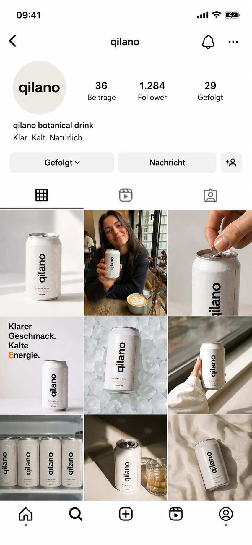 Instagram Profilraster mit konsistenten Produktmotiven für einen Botanical Drink.