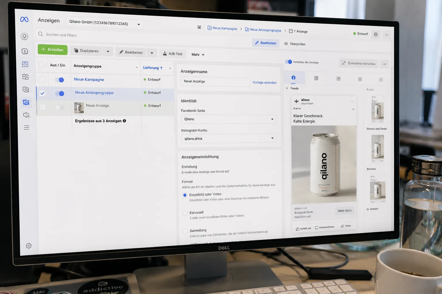 Meta Ads Manager Vorschau mit Produktanzeige.