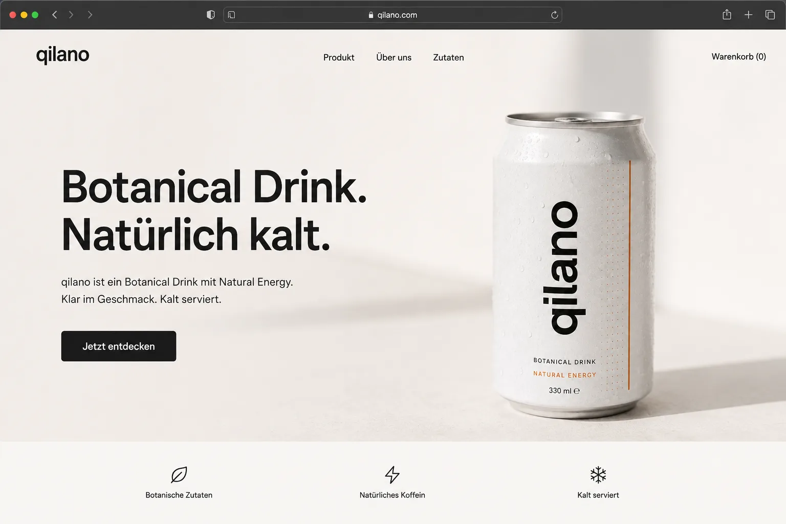 Desktop Website Hero für einen Botanical Drink mit großer Produktbühne.