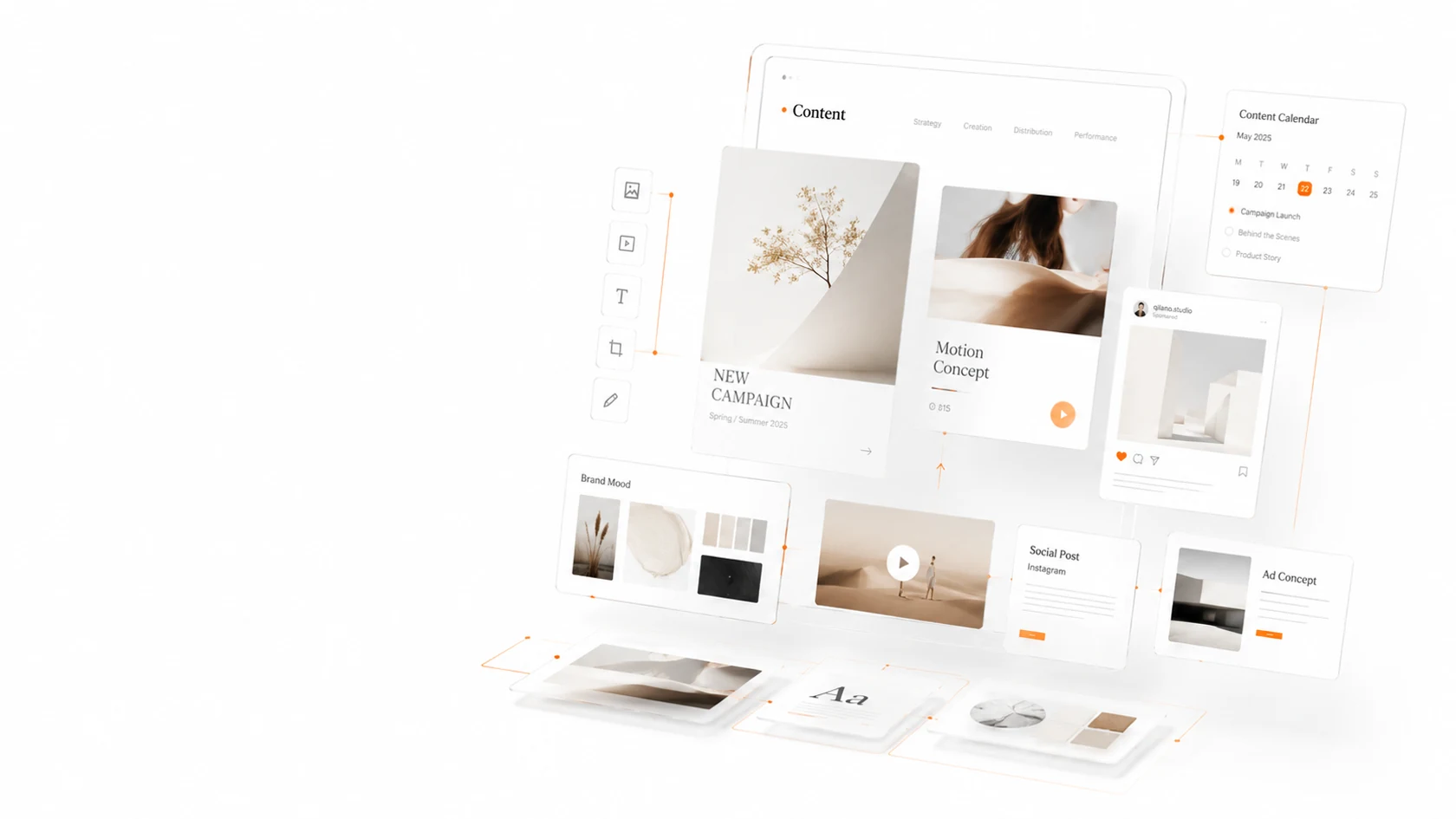 Premium AI-Creative Studio-Setup mit Produktvisual, Kampagnenmotiv und Varianten-Mockups.