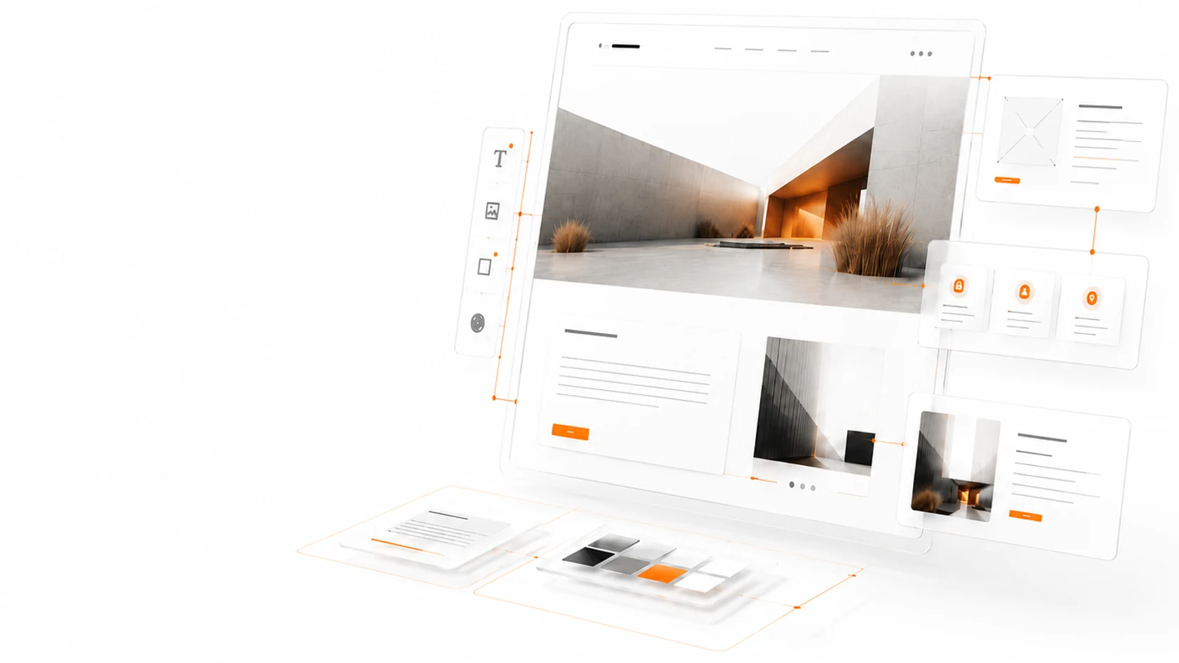 Hochwertiges Website-System-Mockup mit Layout, Content-Elementen und qilano-orangen Akzenten.