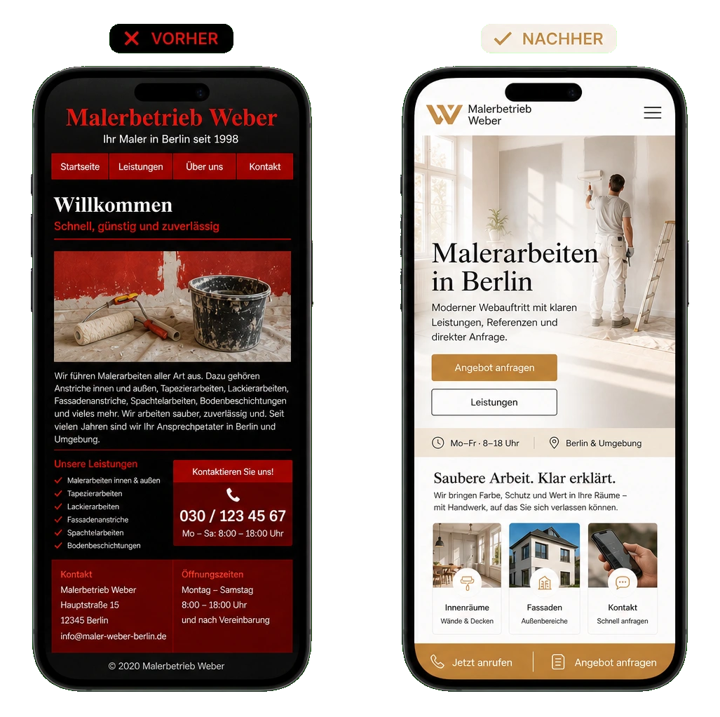 Vorher-Nachher-Beispiel für einen Website-Relaunch: alte mobile Website links, klare neue mobile Website rechts.
