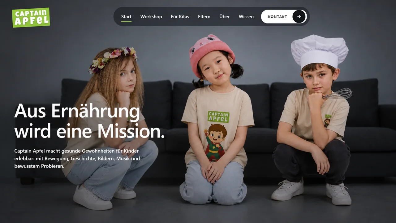 Website der Initiative Captain Apfel für gesunde Ernährung an Kitas, schlicht und zugänglich gestaltet von qilano.