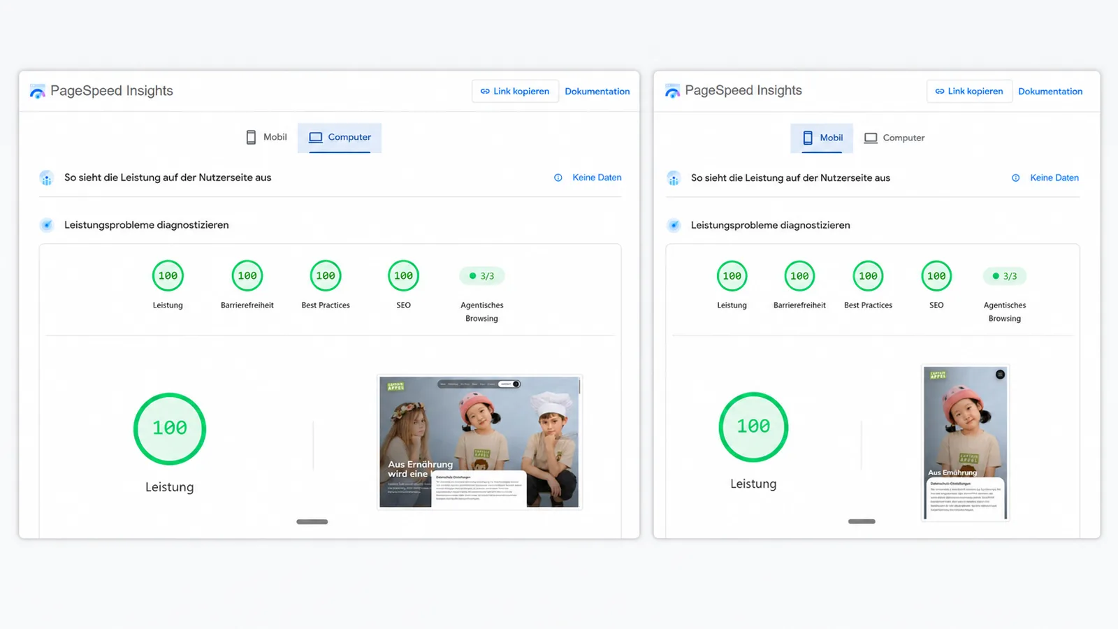 Captain Apfel PageSpeed-Ergebnis