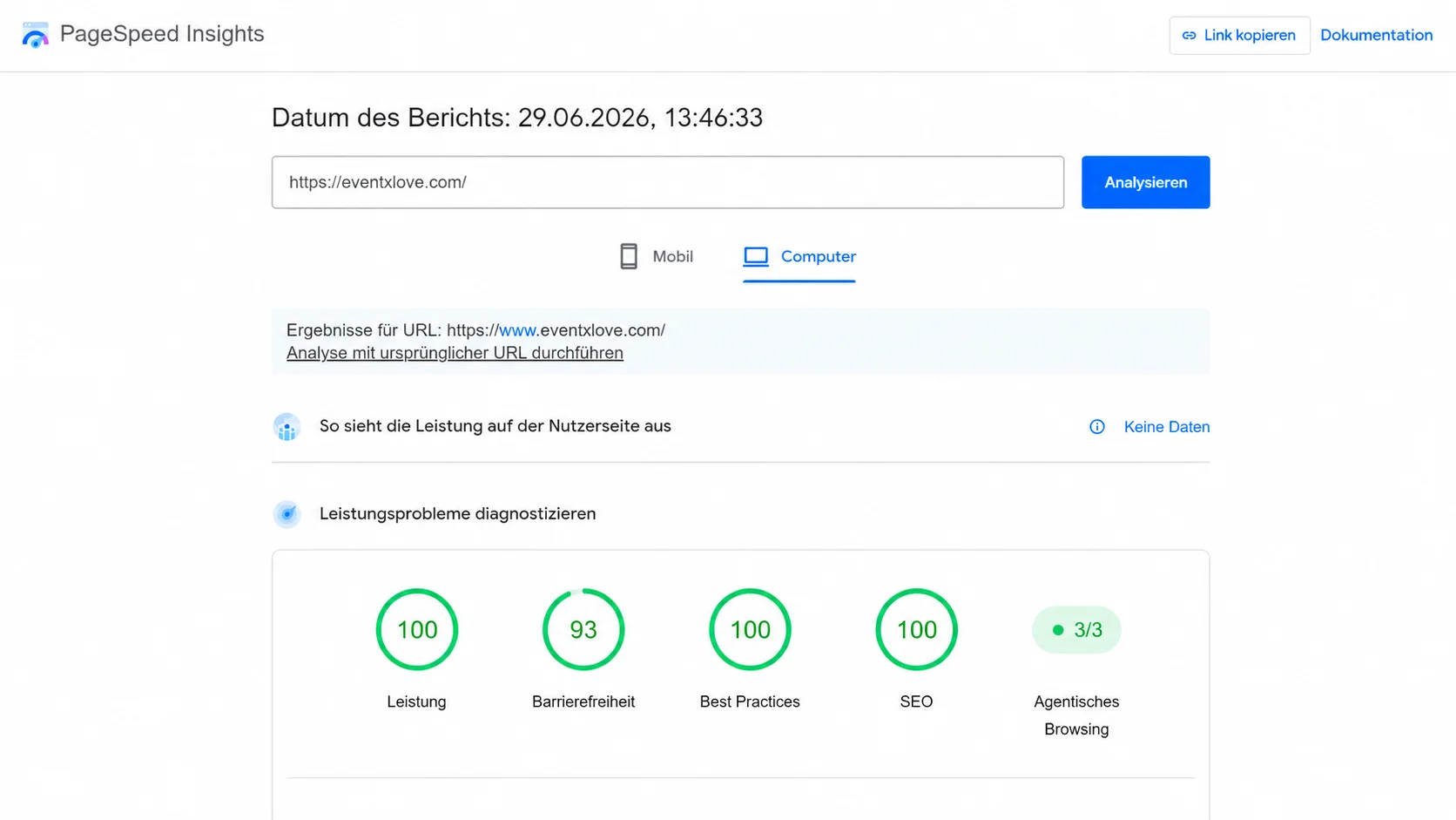 PageSpeed-Insights-Bericht für die Website von EventXLove: 100 in Performance, Barrierefreiheit, Best Practices und SEO auf einen Blick.