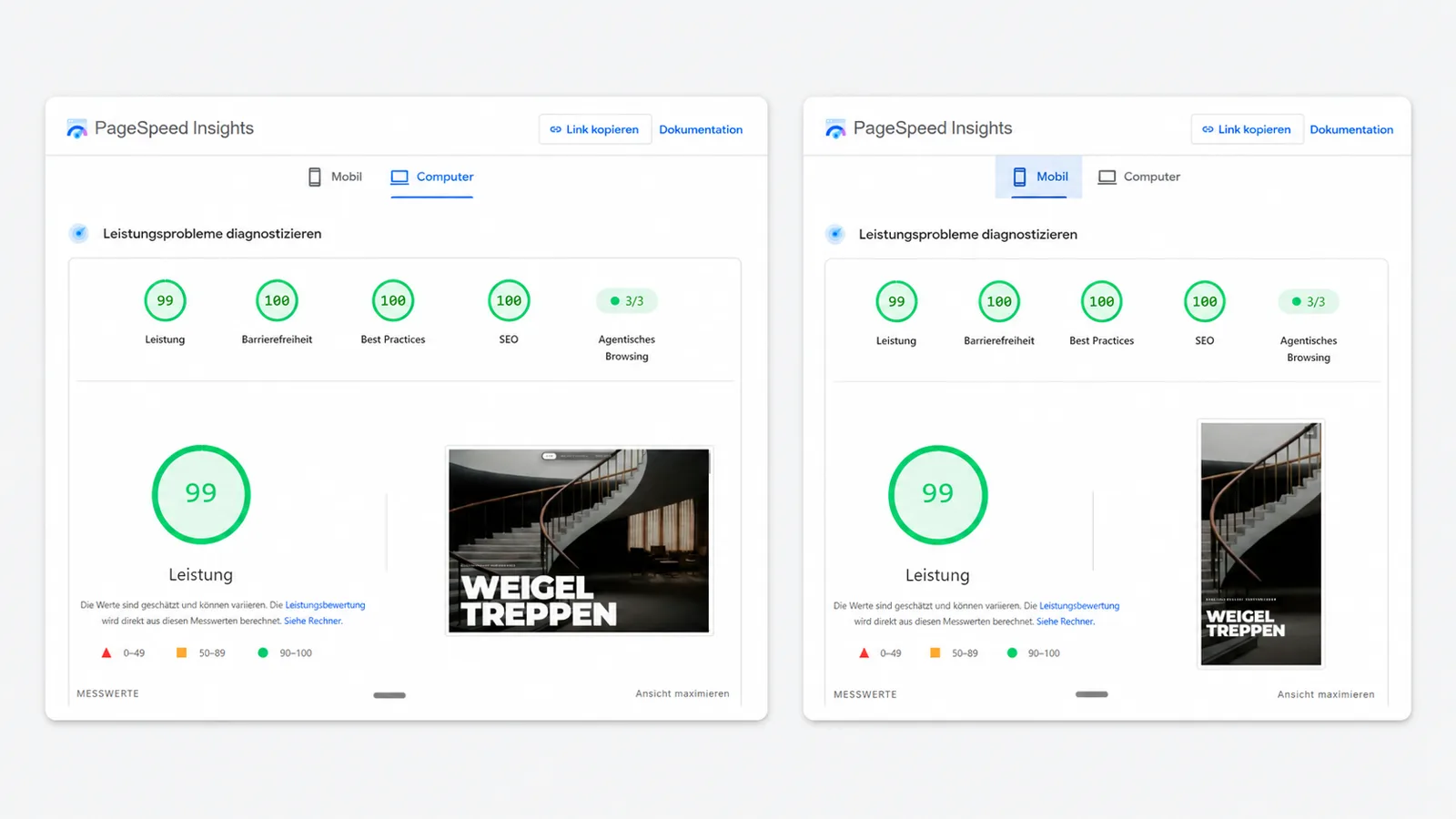 Weigel Treppen PageSpeed-Ergebnis